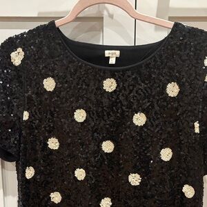 J. Crew Black and Cream Sequin Short Sleeve Top